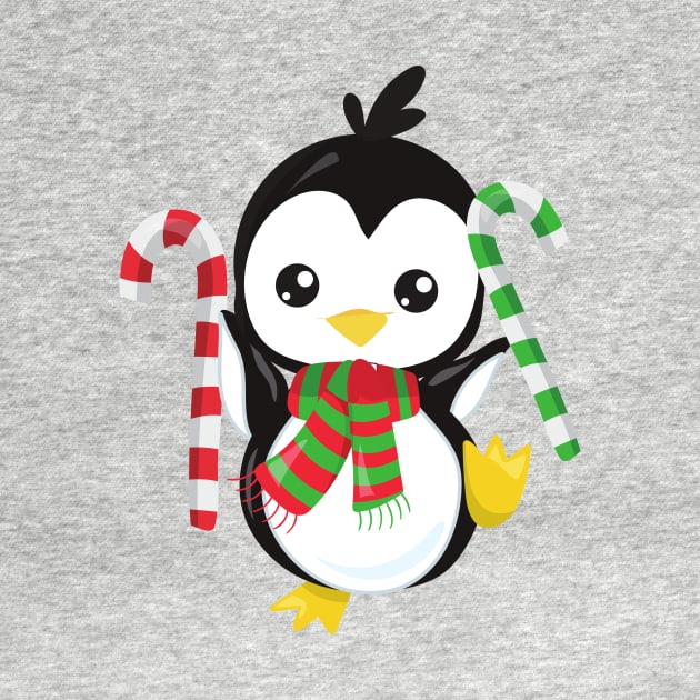 Christmas Penguin, Penguin With Scarf, Candy Cane by Jelena Dunčević